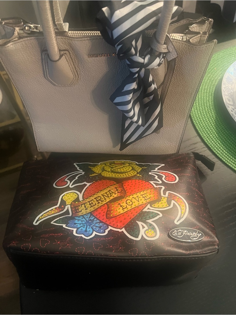 Michael Kors Top Handle Satchel (EUC) & Ed Hardy Cosmetic Pouch (NWT) Bundle